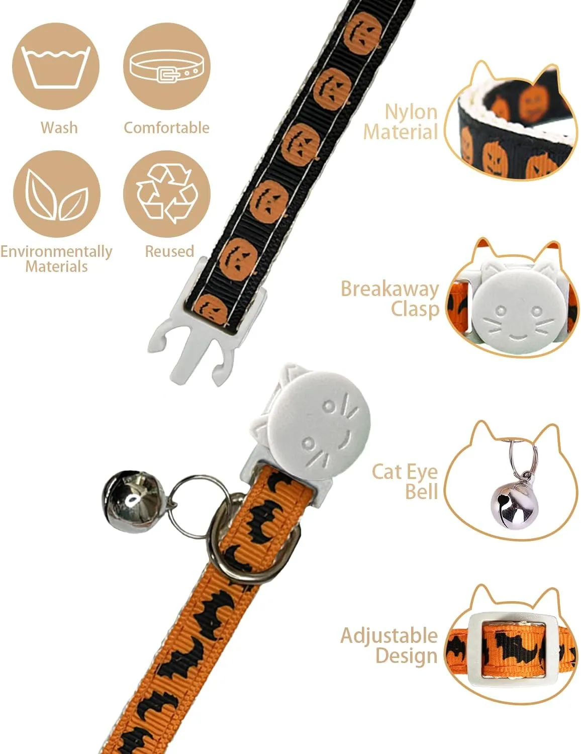 2 Pack Halloween Cat Collars Breakaway with Bell,Adjustable Cat Collars with Safety Buckle,Holiday Cat Collar for Girls and Boys,Adjustable from 7.87"-11.81" (Bat & Pumpkin)