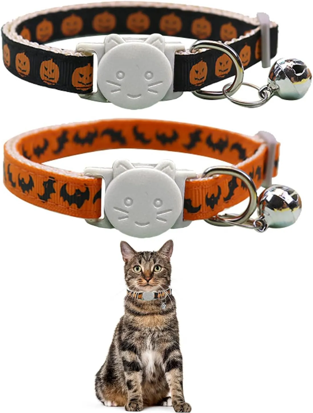 2 Pack Halloween Cat Collars Breakaway with Bell,Adjustable Cat Collars with Safety Buckle,Holiday Cat Collar for Girls and Boys,Adjustable from 7.87"-11.81" (Bat & Pumpkin)