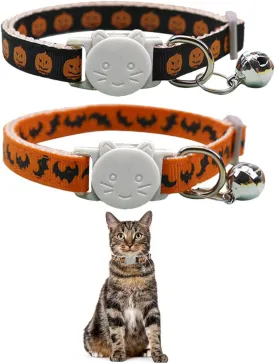2 Pack Halloween Cat Collars Breakaway with Bell,Adjustable Cat Collars with Safety Buckle,Holiday Cat Collar for Girls and Boys,Adjustable from 7.87"-11.81" (Bat & Pumpkin)