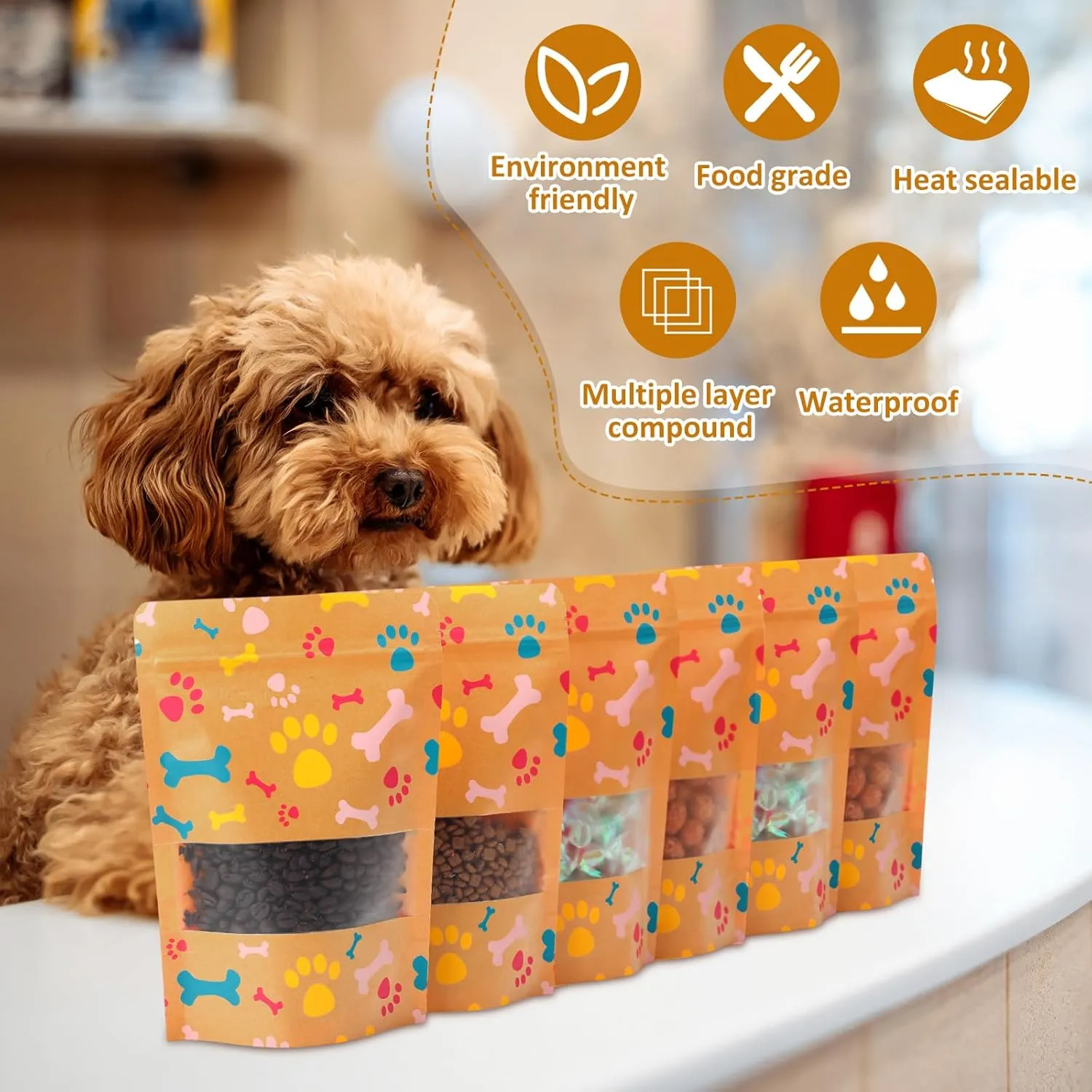 200 Pcs Paw Dog Treat Bags by Puppy's 5.5" X 7.9" Paw Gift Bags Resealable Stand up Kraft Paper Zip Pouches for Canine Delights, Food-Safe Material(Brown)