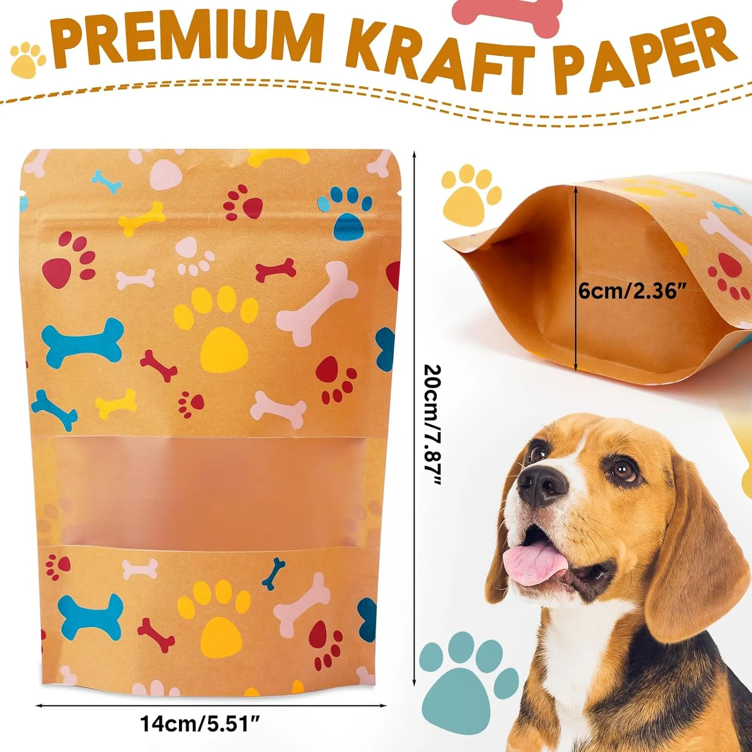 200 Pcs Paw Dog Treat Bags by Puppy's 5.5" X 7.9" Paw Gift Bags Resealable Stand up Kraft Paper Zip Pouches for Canine Delights, Food-Safe Material(Brown)