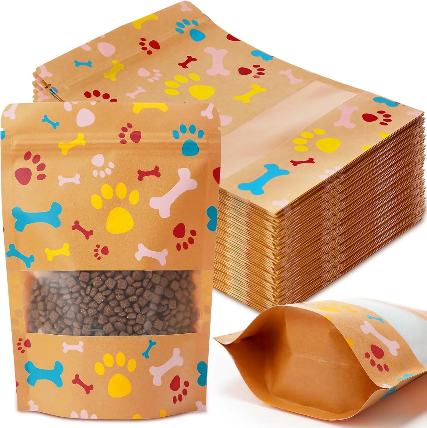 200 Pcs Paw Dog Treat Bags by Puppy's 5.5" X 7.9" Paw Gift Bags Resealable Stand up Kraft Paper Zip Pouches for Canine Delights, Food-Safe Material(Brown)