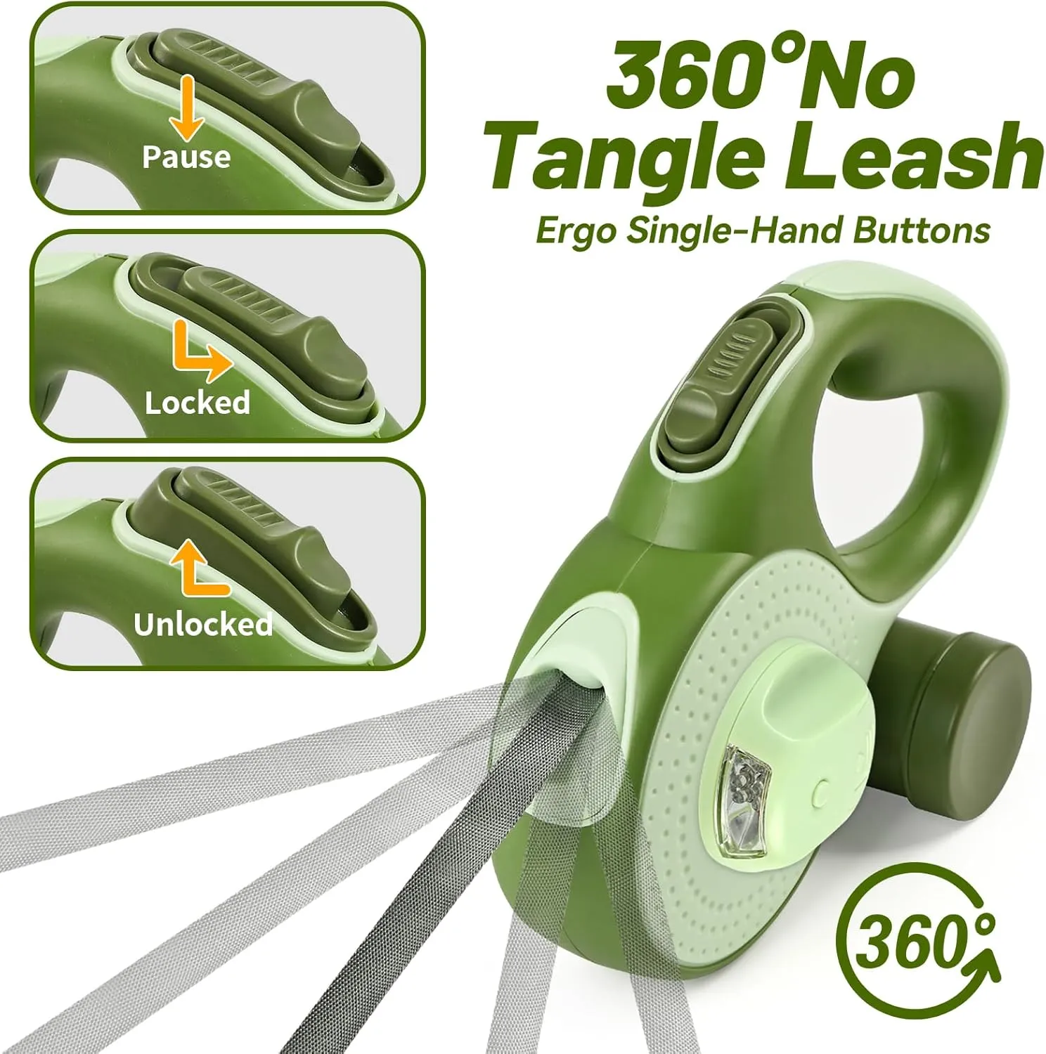 26ft Heavy Duty Retractable Dog Leash for Large Dogs, Dog up to 110lbs, with LED Light, Chew Proof Cable, Dispenser, Poop Bags, One-Handed Brake & Lock, 360 No Tangle (Green, 26ft)