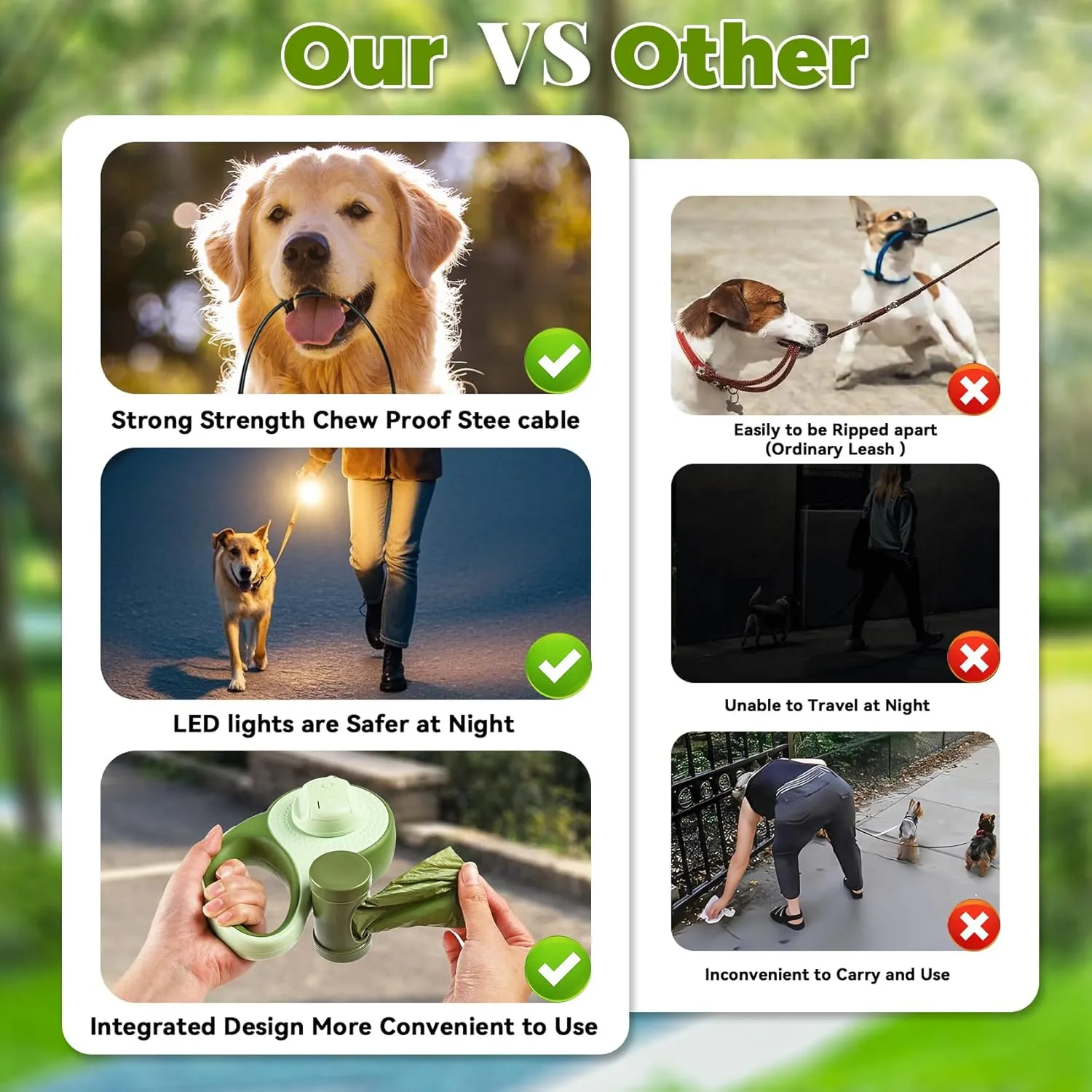 26ft Heavy Duty Retractable Dog Leash for Large Dogs, Dog up to 110lbs, with LED Light, Chew Proof Cable, Dispenser, Poop Bags, One-Handed Brake & Lock, 360 No Tangle (Green, 26ft)