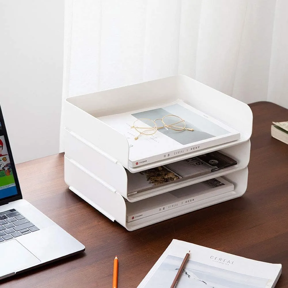 3 Tiers Stackable A4 Paper Trays, Office Desk File Holder, Tidy File Document Letter Book Paper Organizer (3 Tiers,White)