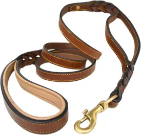 6 Foot Braided Leather Dog Leash with Traffic Handle, Two Handles for Training and Safety, Double Your Control with 2 Locations, Lead for Large and Medium Dogs Brown 6ft x 3/4 Inch