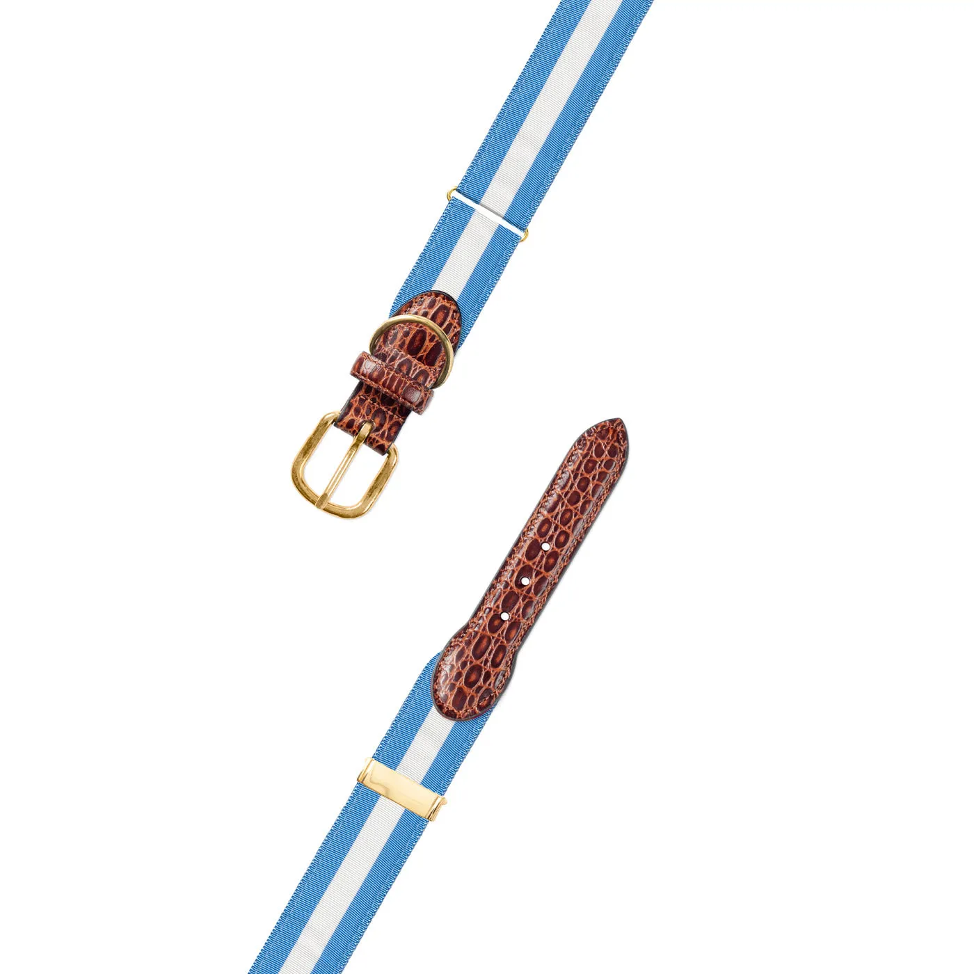 Adjustable Carolina Blue & White Grosgrain Dog Collar with Embossed Calf Tabs