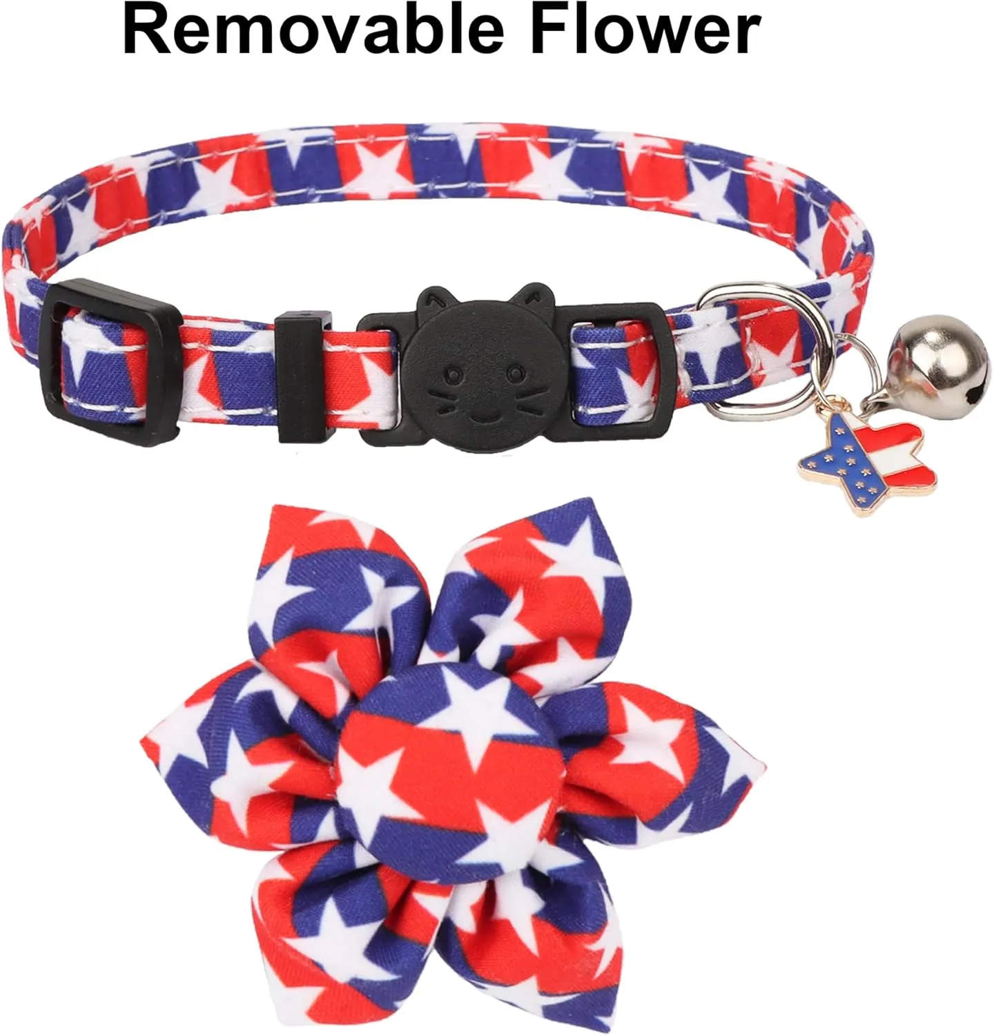 ADOGGYGO American Flag Cat Collars with Removable Flower Bell, Adjustable Red Blue 4th of July Flag Pattern Floral Collars for Cats Kittens