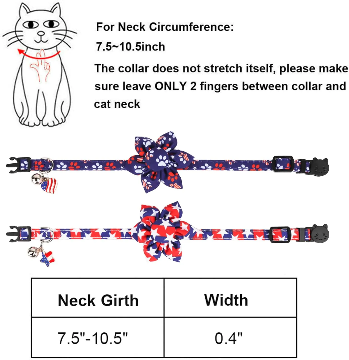 ADOGGYGO American Flag Cat Collars with Removable Flower Bell, Adjustable Red Blue 4th of July Flag Pattern Floral Collars for Cats Kittens