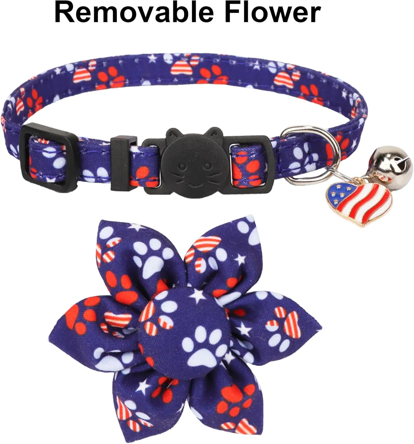 ADOGGYGO American Flag Cat Collars with Removable Flower Bell, Adjustable Red Blue 4th of July Flag Pattern Floral Collars for Cats Kittens