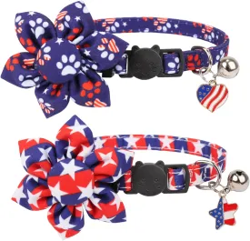 ADOGGYGO American Flag Cat Collars with Removable Flower Bell, Adjustable Red Blue 4th of July Flag Pattern Floral Collars for Cats Kittens