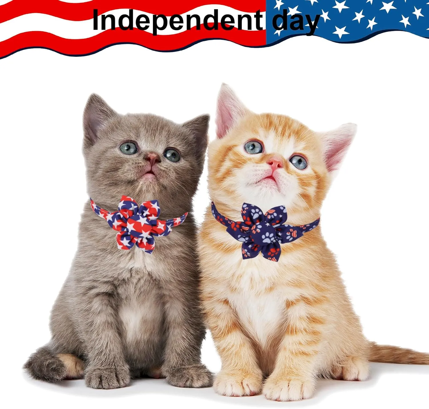 ADOGGYGO American Flag Cat Collars with Removable Flower Bell, Adjustable Red Blue 4th of July Flag Pattern Floral Collars for Cats Kittens