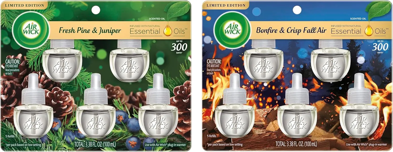 Air Wick Plug in Scented Oil 5 Refills, Fresh Pine and Juniper, Fall Scent, Fall Spray, (5x0.67oz) and Plug in Scented Oil 5 Refills, Bonfire and Crisp Fall Air