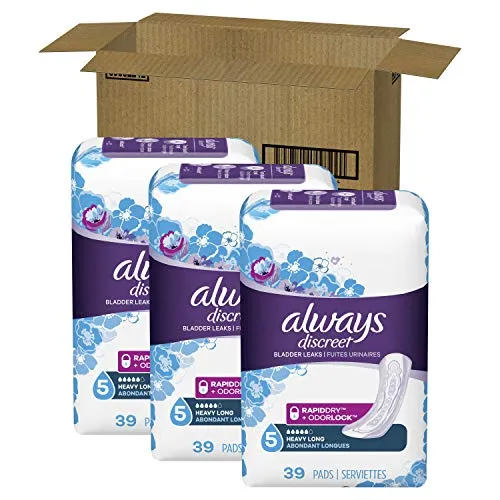 Always Discreet Incontinence Pads for Women, Maximum Absorbency, Long Length, 39 Count - Pack of 3 (117 Total Count) (Packaging May Vary)
