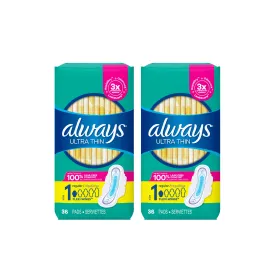 Always Ultra Thin Pads Size 1 Regular Absorbency Unscented with Wings, 36 Count, Packaging may vary (Pack of 2) Size 1 (72 Count)