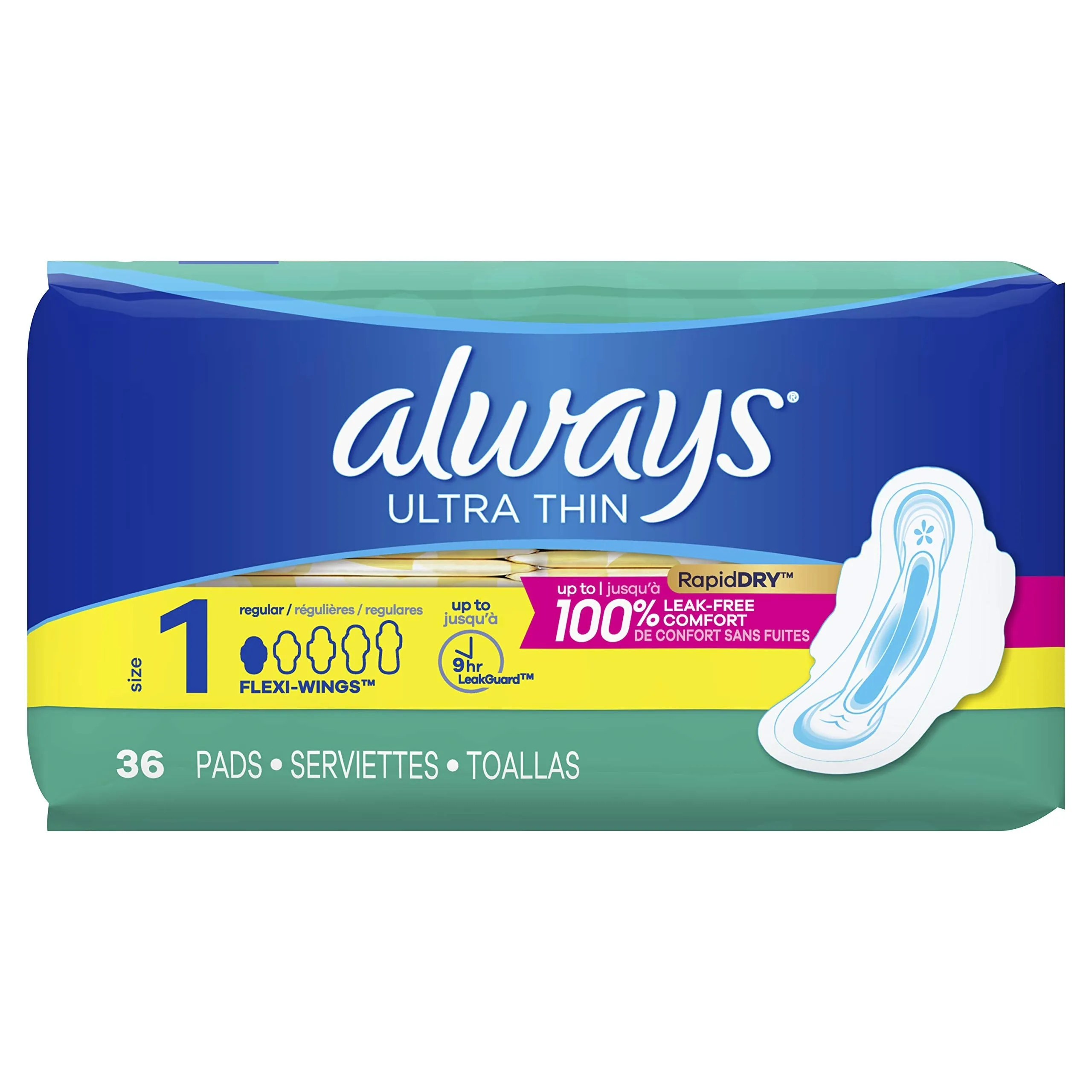 Always Ultra Thin Pads Size 1 Regular Absorbency Unscented with Wings, 36 Count, Packaging may vary (Pack of 2) Size 1 (72 Count)
