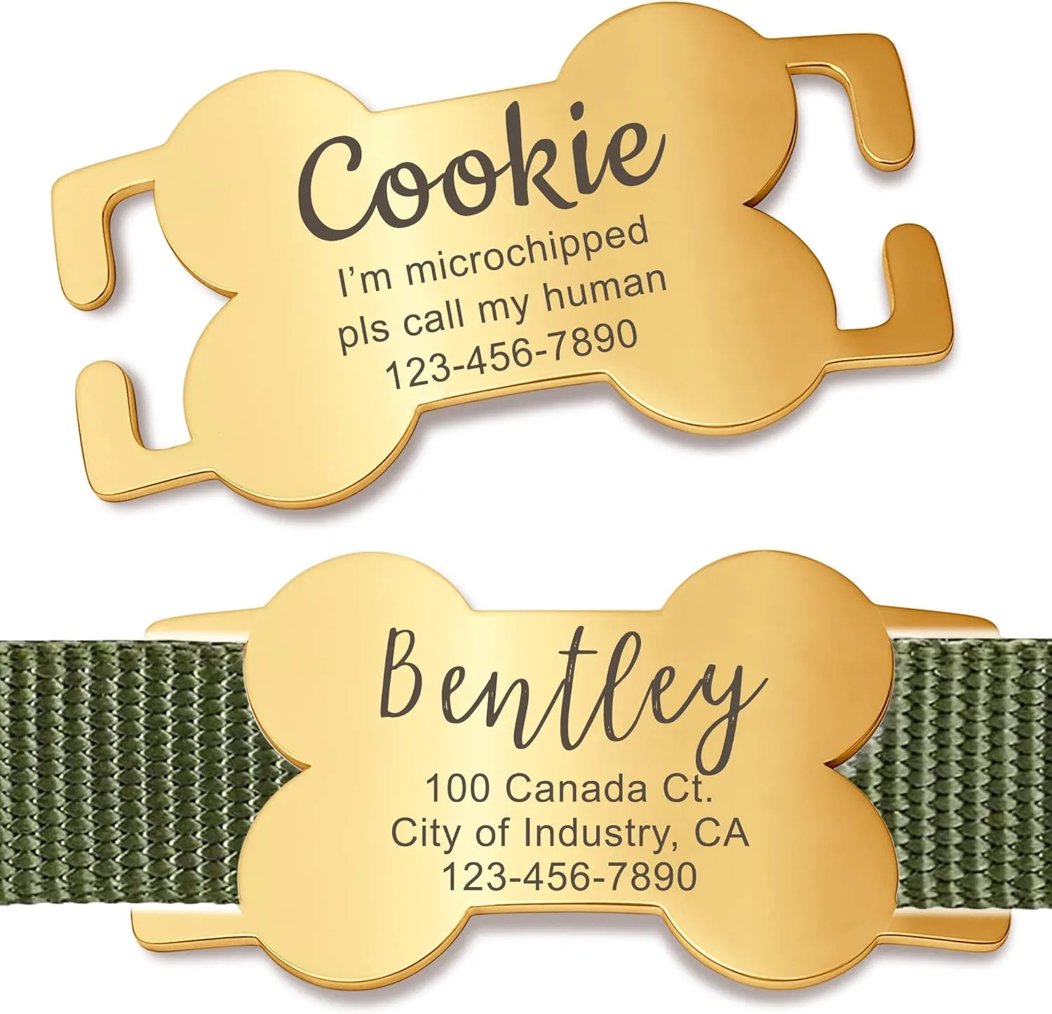 Anavia Bone Shape Slide On Silent Pet ID Tags, S/M/L/XL Gold Black Personalized Engraved Cat Dog Name Tags, Glossy Finish Stainless Steel Chew-Proof Quiet Dog Collar Tag