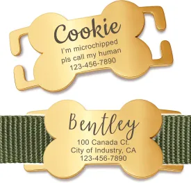 Anavia Bone Shape Slide On Silent Pet ID Tags, S/M/L/XL Gold Black Personalized Engraved Cat Dog Name Tags, Glossy Finish Stainless Steel Chew-Proof Quiet Dog Collar Tag
