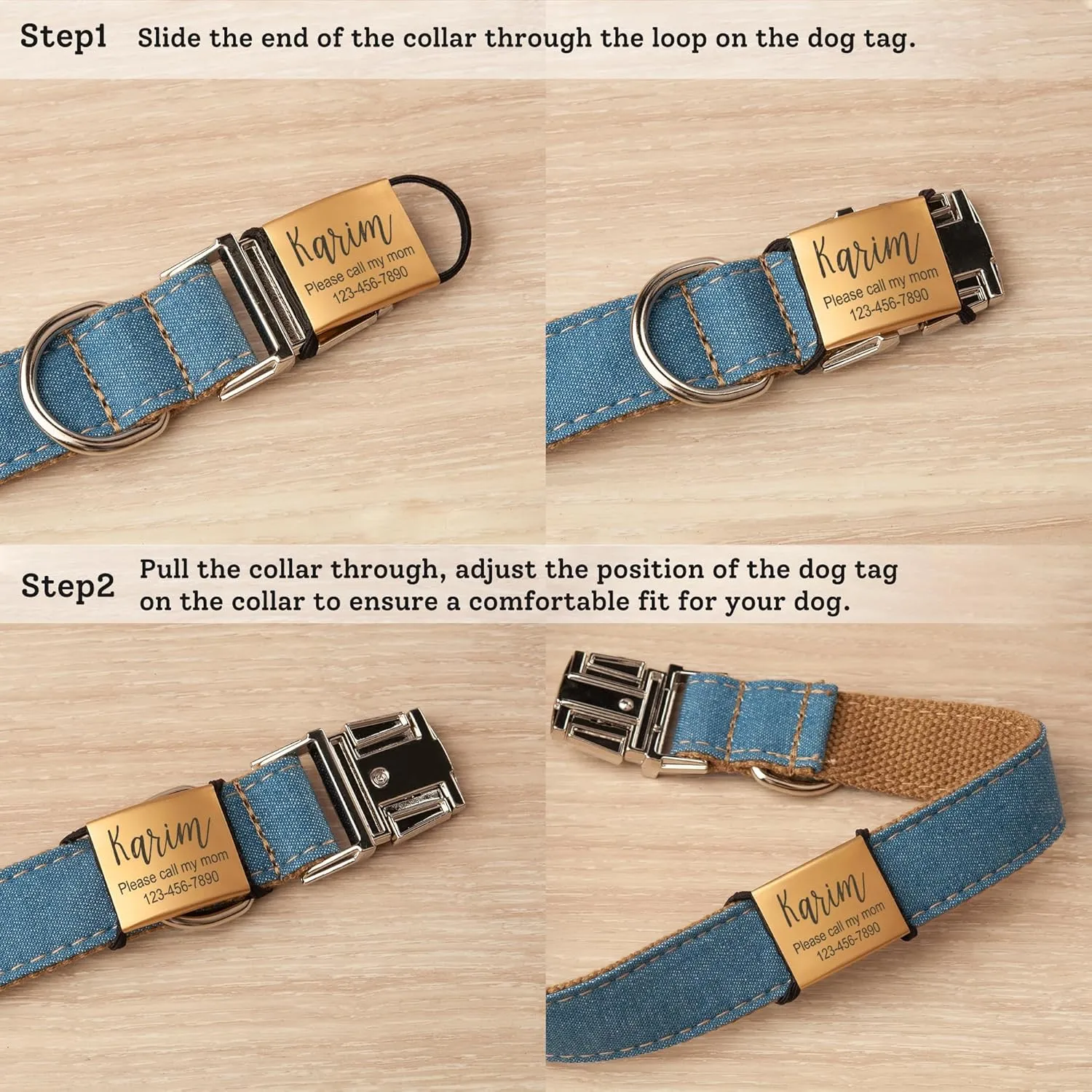 Anavia Slide On Silent Pet ID Tags, S/M/L/XL Personalized Stainless Steel Cat Dog Tag with Elastic Fabric Band, Engraved Nameplate Quiet Chew-Proof Pet Collar Tag (Black, S/M)