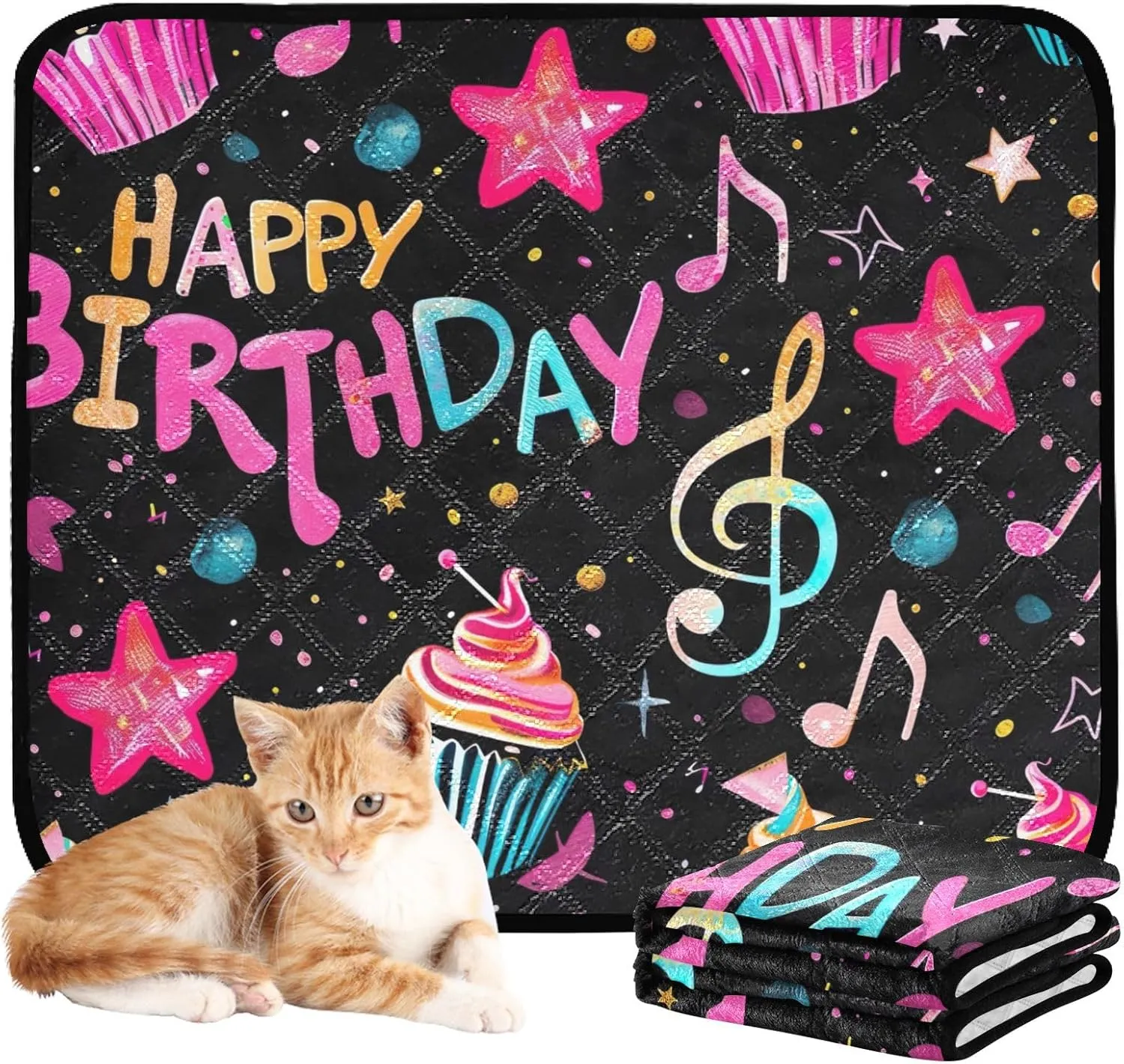 Birthday Party Music Print Reusable Rugs for Pets Washable Pee Pads for Dogs Non Slip Waterproof Floor Mat Whelping Pads Absorbent, Small x 3 Pack