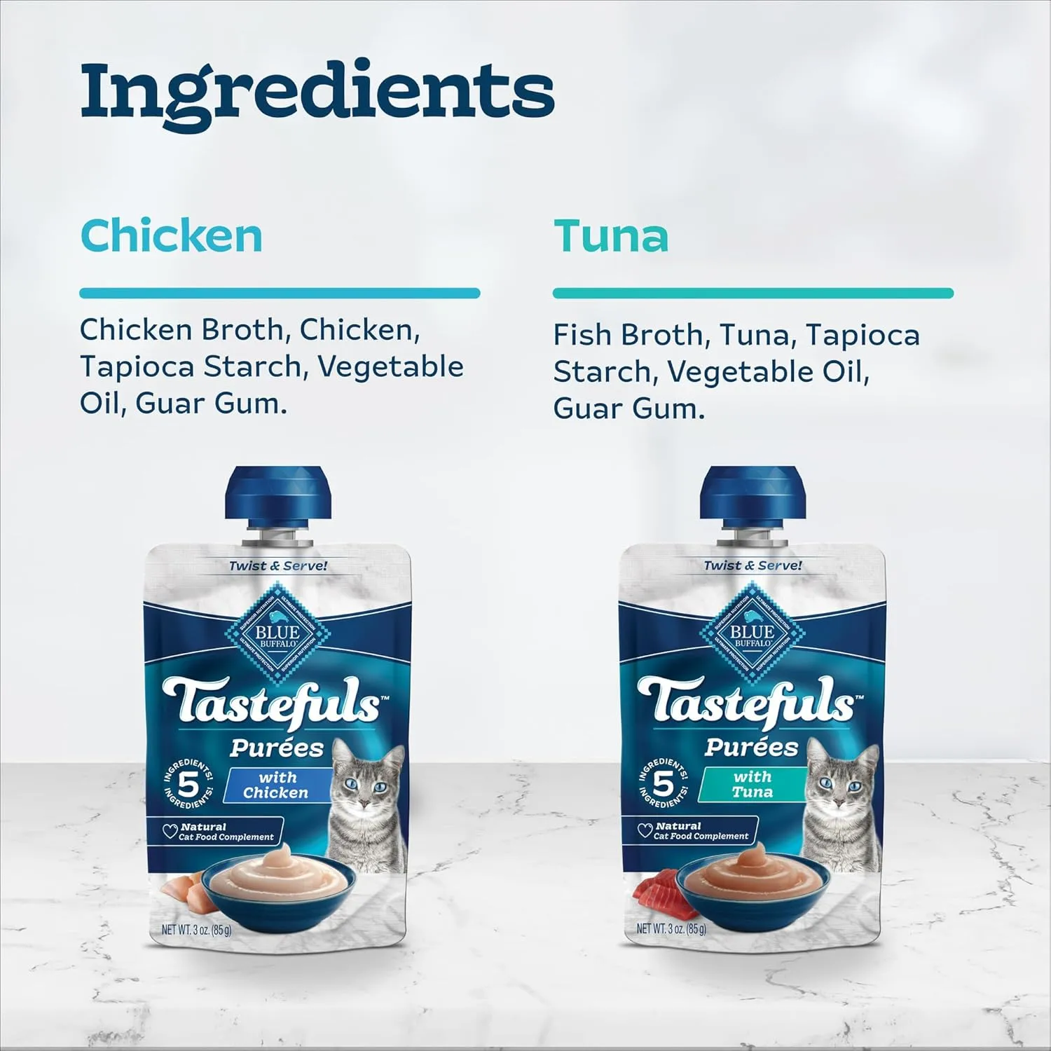 Blue Buffalo Tastefuls Pures Variety Pack, Natural Cat Food Complement, Resealable Twist Cap Pouches, Chicken and Tuna, 3-oz (12 Count, 6 of Each Flavor)