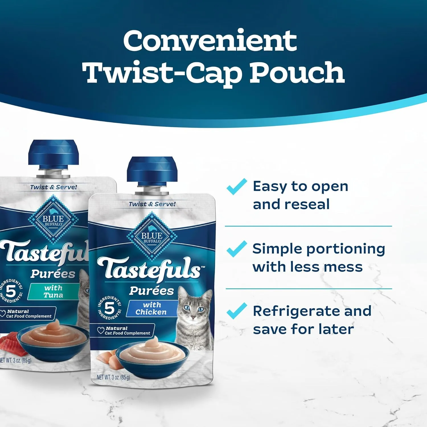 Blue Buffalo Tastefuls Pures Variety Pack, Natural Cat Food Complement, Resealable Twist Cap Pouches, Chicken and Tuna, 3-oz (12 Count, 6 of Each Flavor)