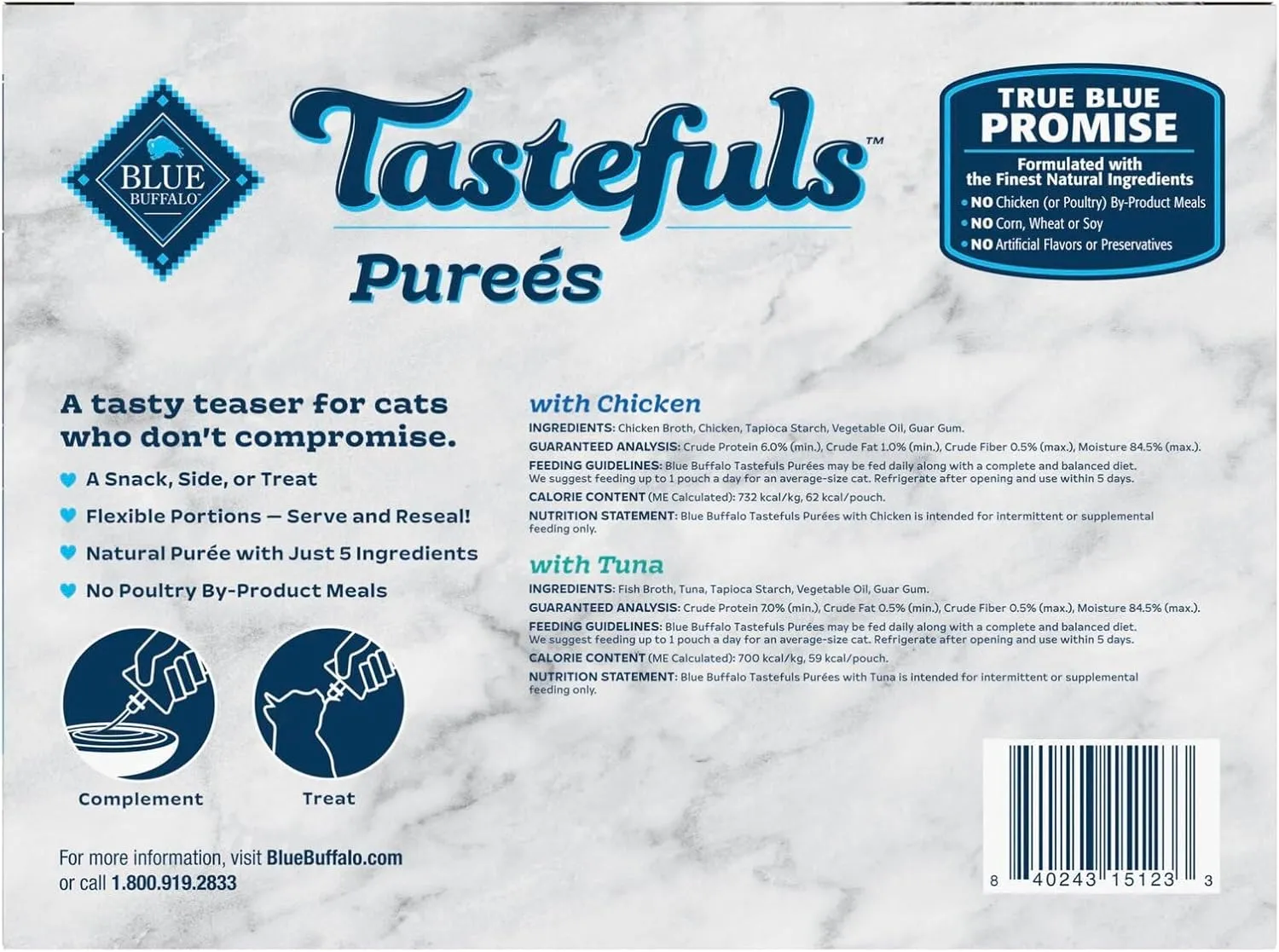 Blue Buffalo Tastefuls Pures Variety Pack, Natural Cat Food Complement, Resealable Twist Cap Pouches, Chicken and Tuna, 3-oz (12 Count, 6 of Each Flavor)