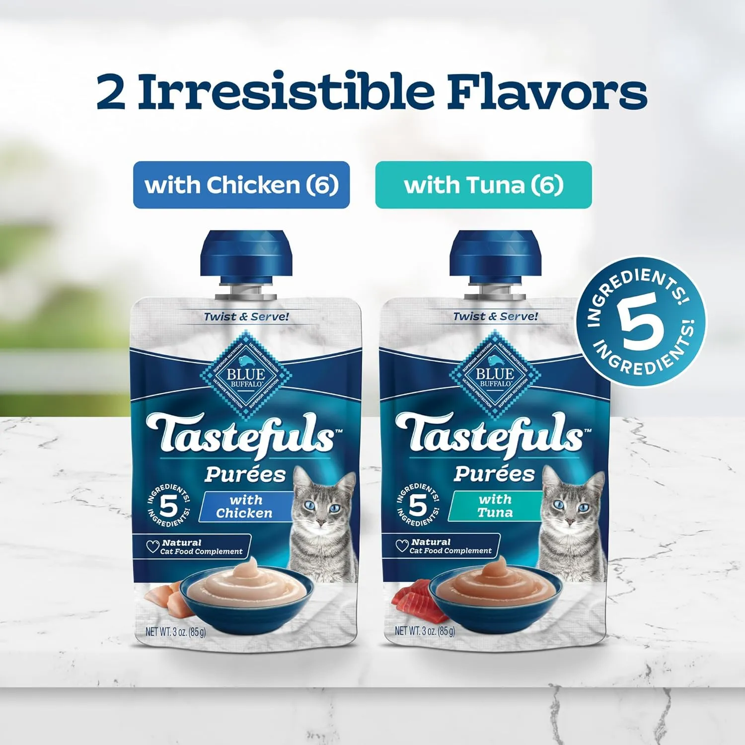 Blue Buffalo Tastefuls Pures Variety Pack, Natural Cat Food Complement, Resealable Twist Cap Pouches, Chicken and Tuna, 3-oz (12 Count, 6 of Each Flavor)