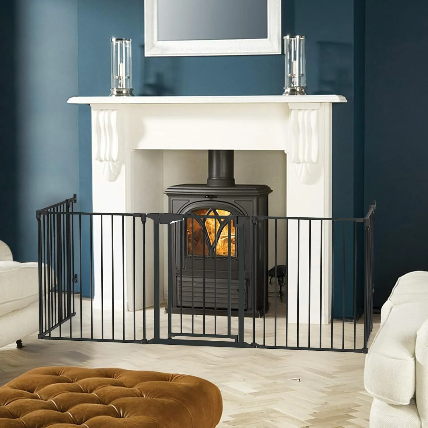 Bonnlo 188'' Wide Baby Gate Playpen 8 Panel Adjustable Play Yard Metal Dog Gate with Door Fireplace Christmas Tree Fence for Pet/Child/Toddler