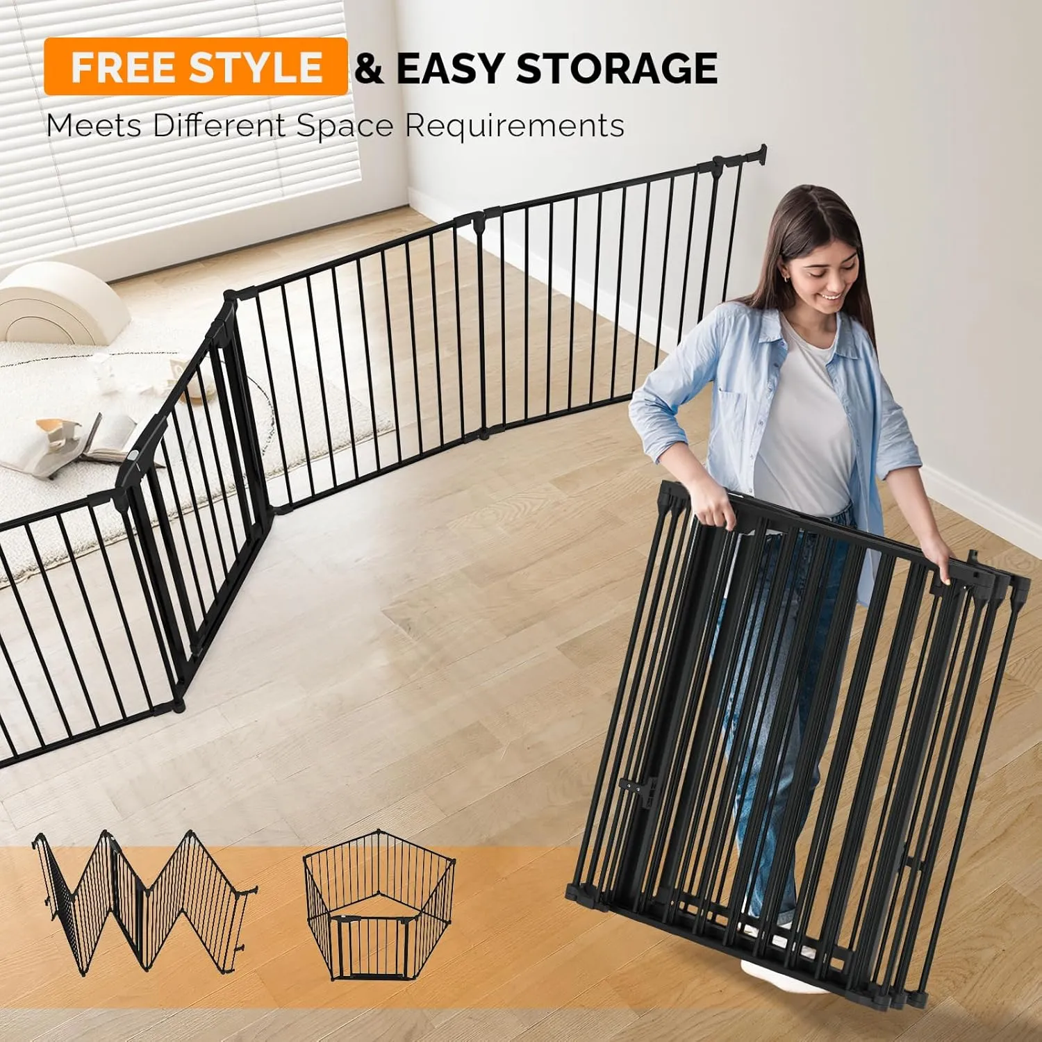 Bonnlo 188'' Wide Baby Gate Playpen 8 Panel Adjustable Play Yard Metal Dog Gate with Door Fireplace Christmas Tree Fence for Pet/Child/Toddler