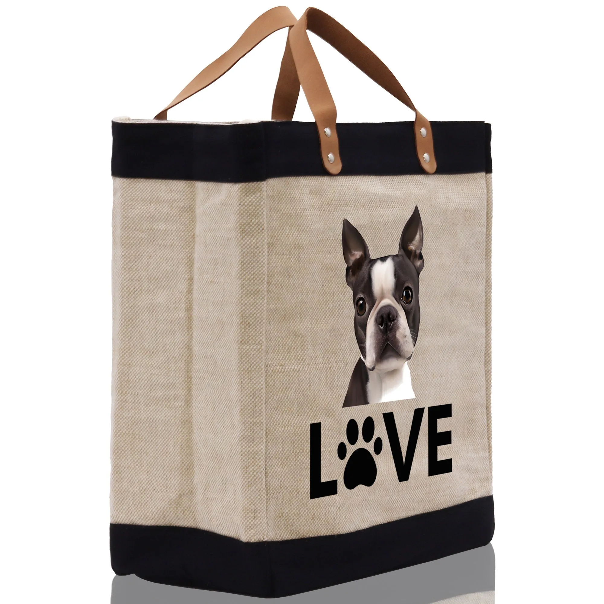 Boston Terrier Love Dog Jute Canvas Tote Funny Farmer Market Bag Quote Jute Bag Shopping Bag Burlap Bag Dog Owner Gift