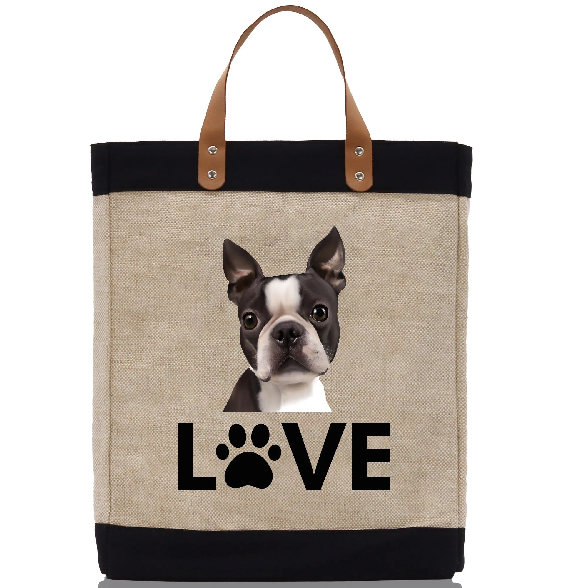 Boston Terrier Love Dog Jute Canvas Tote Funny Farmer Market Bag Quote Jute Bag Shopping Bag Burlap Bag Dog Owner Gift