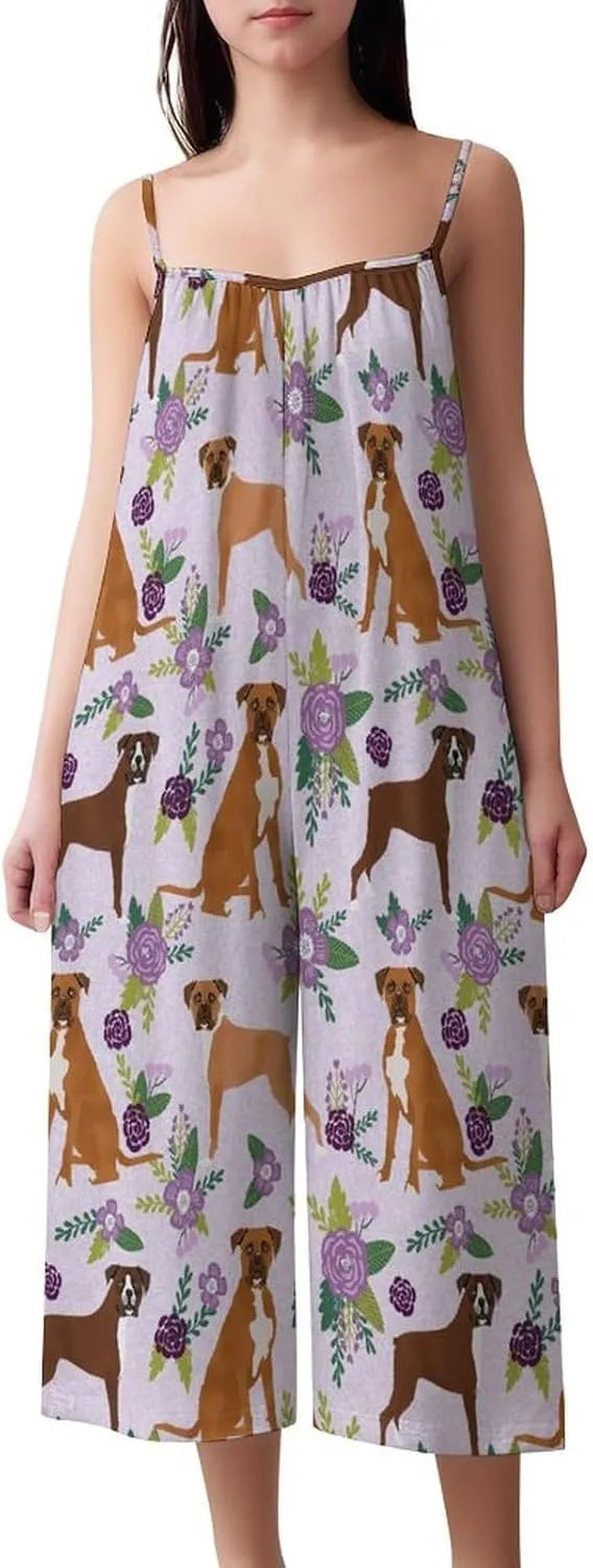 Boxer Pet Dog And Floral Funny Jumpsuits Rompers Outfits Sleeveless Long Pants Wide Leg Novelty Gifts For (Girls)