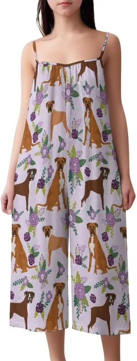 Boxer Pet Dog And Floral Funny Jumpsuits Rompers Outfits Sleeveless Long Pants Wide Leg Novelty Gifts For (Girls)
