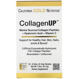 California Gold Nutrition, CollagenUP®, Hydrolyzed Marine Collagen Peptides with Hyaluronic Acid and Vitamin C, Unflavored, 10 Packets, 0.18 oz (5 g) Each