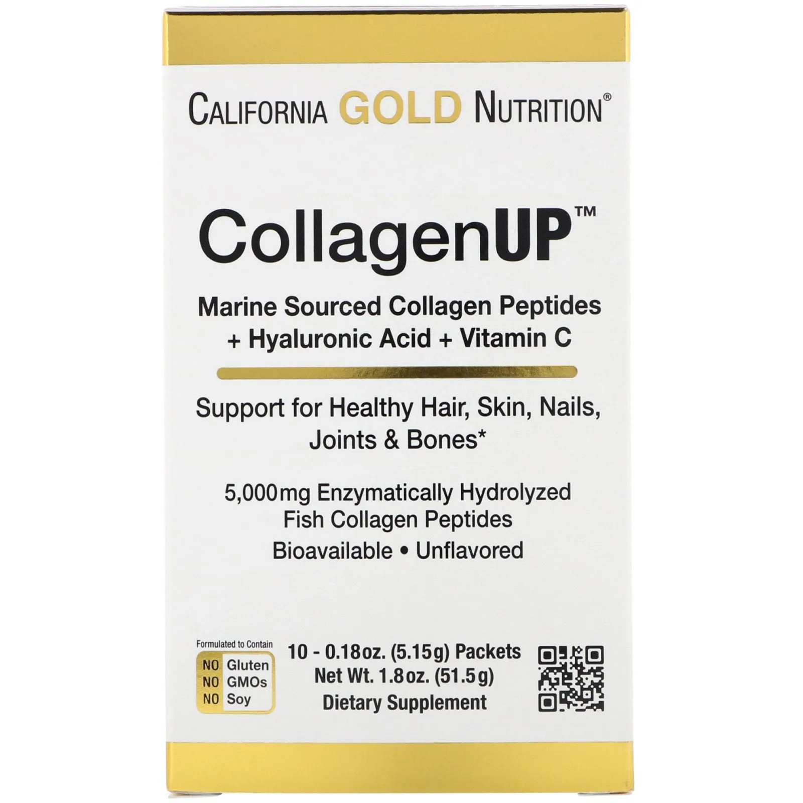 California Gold Nutrition, CollagenUP®, Hydrolyzed Marine Collagen Peptides with Hyaluronic Acid and Vitamin C, Unflavored, 10 Packets, 0.18 oz (5 g) Each