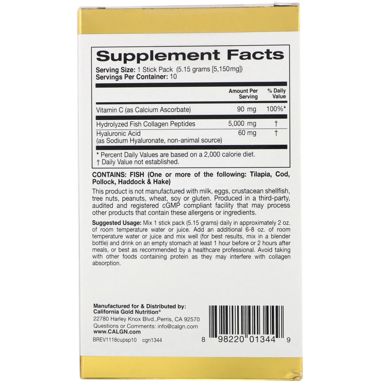 California Gold Nutrition, CollagenUP®, Hydrolyzed Marine Collagen Peptides with Hyaluronic Acid and Vitamin C, Unflavored, 10 Packets, 0.18 oz (5 g) Each
