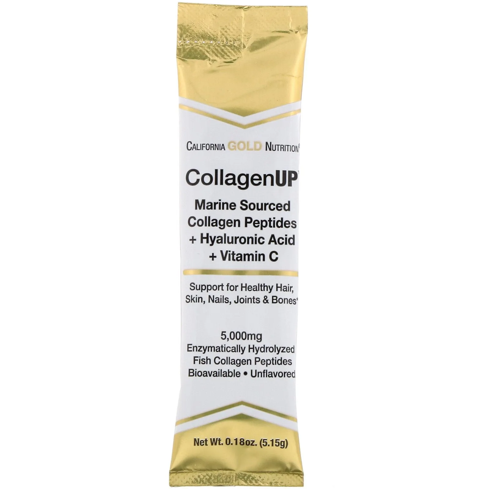 California Gold Nutrition, CollagenUP®, Hydrolyzed Marine Collagen Peptides with Hyaluronic Acid and Vitamin C, Unflavored, 10 Packets, 0.18 oz (5 g) Each