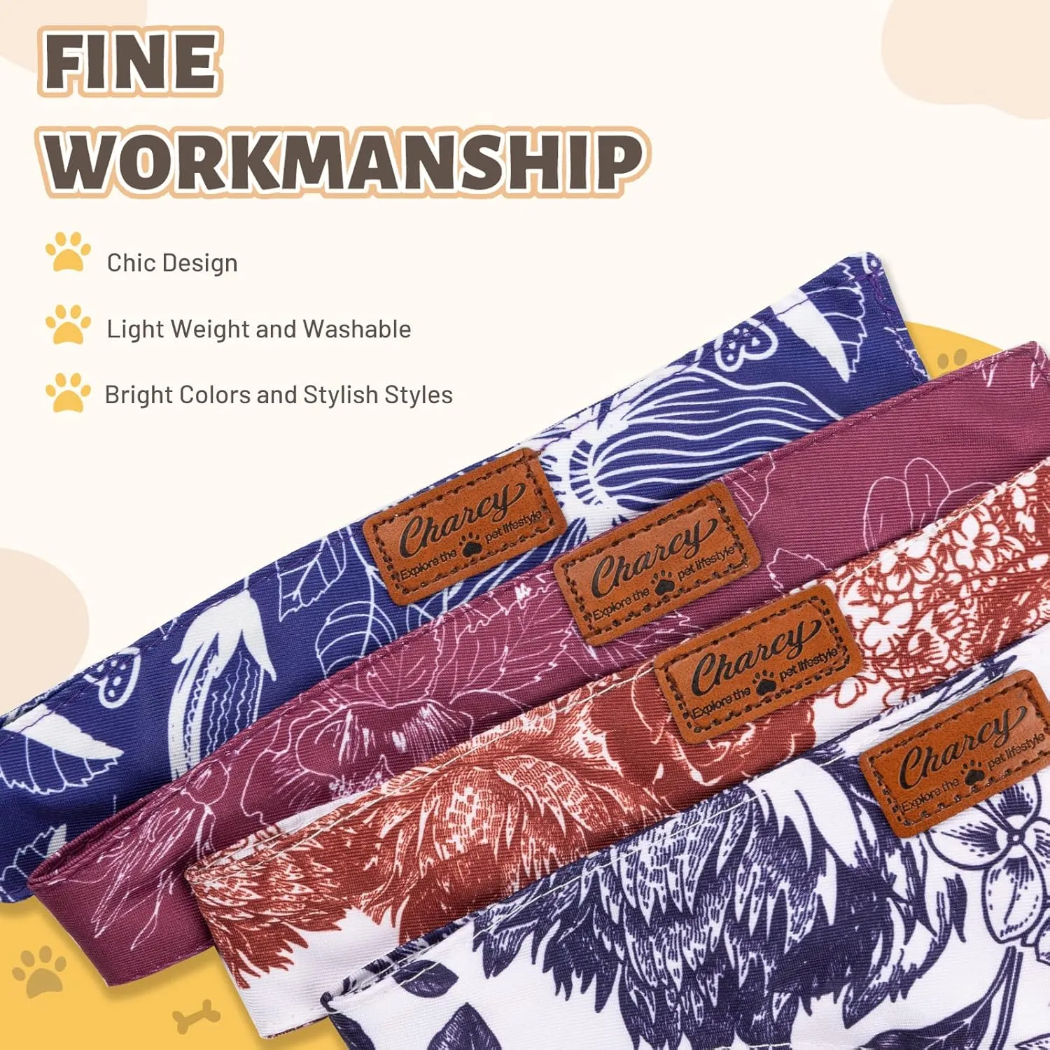 Charcy Dog Bandanas 4 Pack, Fall Bandana for Boy Girl Holiday Birthday, Adjustable Durable Scarf, Unique Design - Line Drawing Large