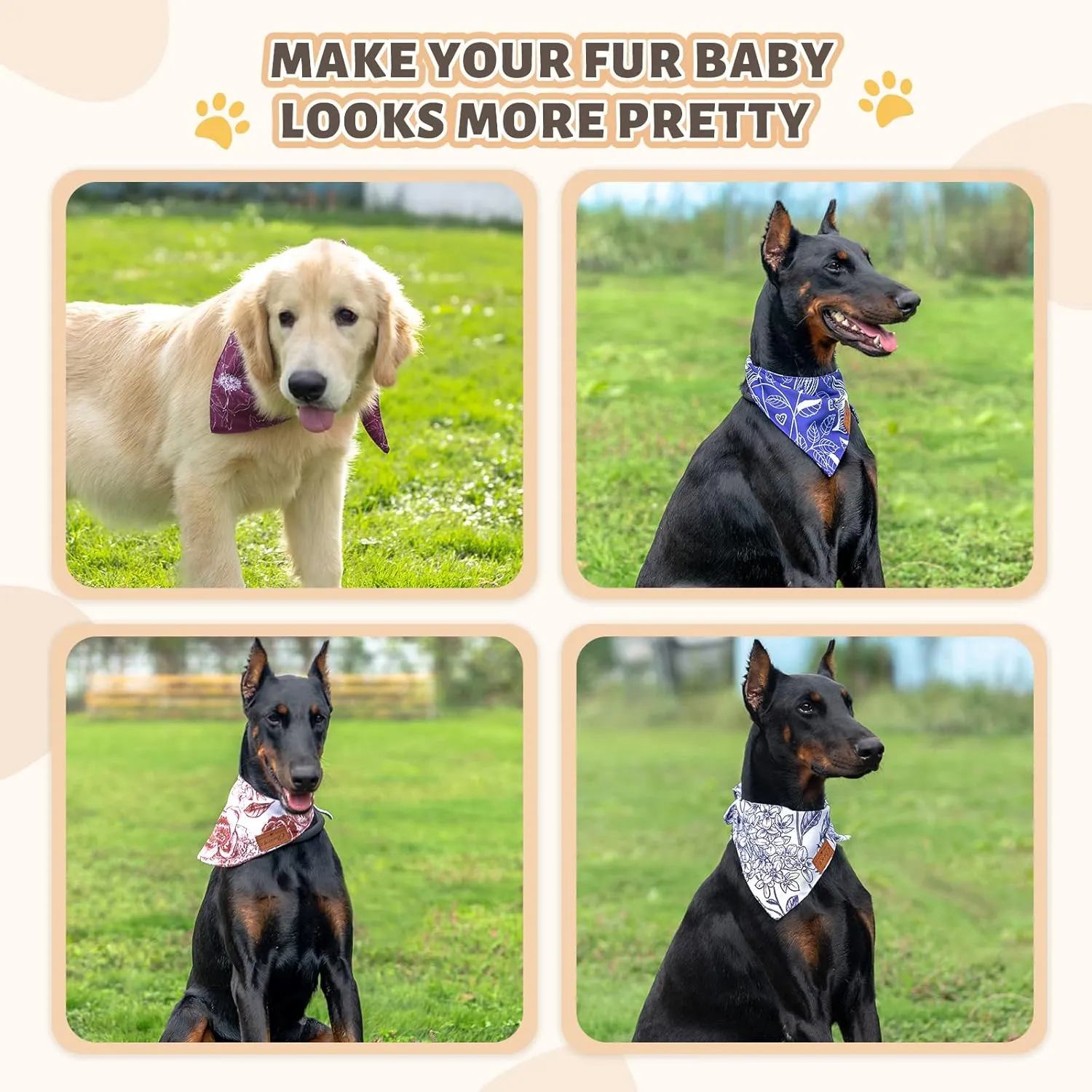 Charcy Dog Bandanas 4 Pack, Fall Bandana for Boy Girl Holiday Birthday, Adjustable Durable Scarf, Unique Design - Line Drawing Large