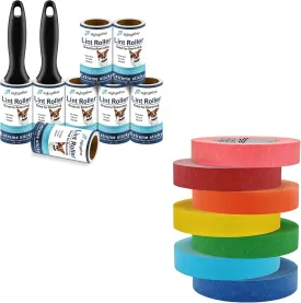 Cleaning & Creative Crafting Bundle: skytogether Lint Rollers for Pet Hair Extra Sticky 2 Reusable Handles 8 Lint Roller Refills Pack and Colored Masking Tape 1 Inch Wide 7 Rolls Bundle