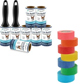Cleaning & Creative Crafting Bundle: skytogether Lint Rollers for Pet Hair Extra Sticky 2 Reusable Handles 8 Lint Roller Refills Pack and Rainbow Color Masking Tape Rolls 7 Rolls Bundle