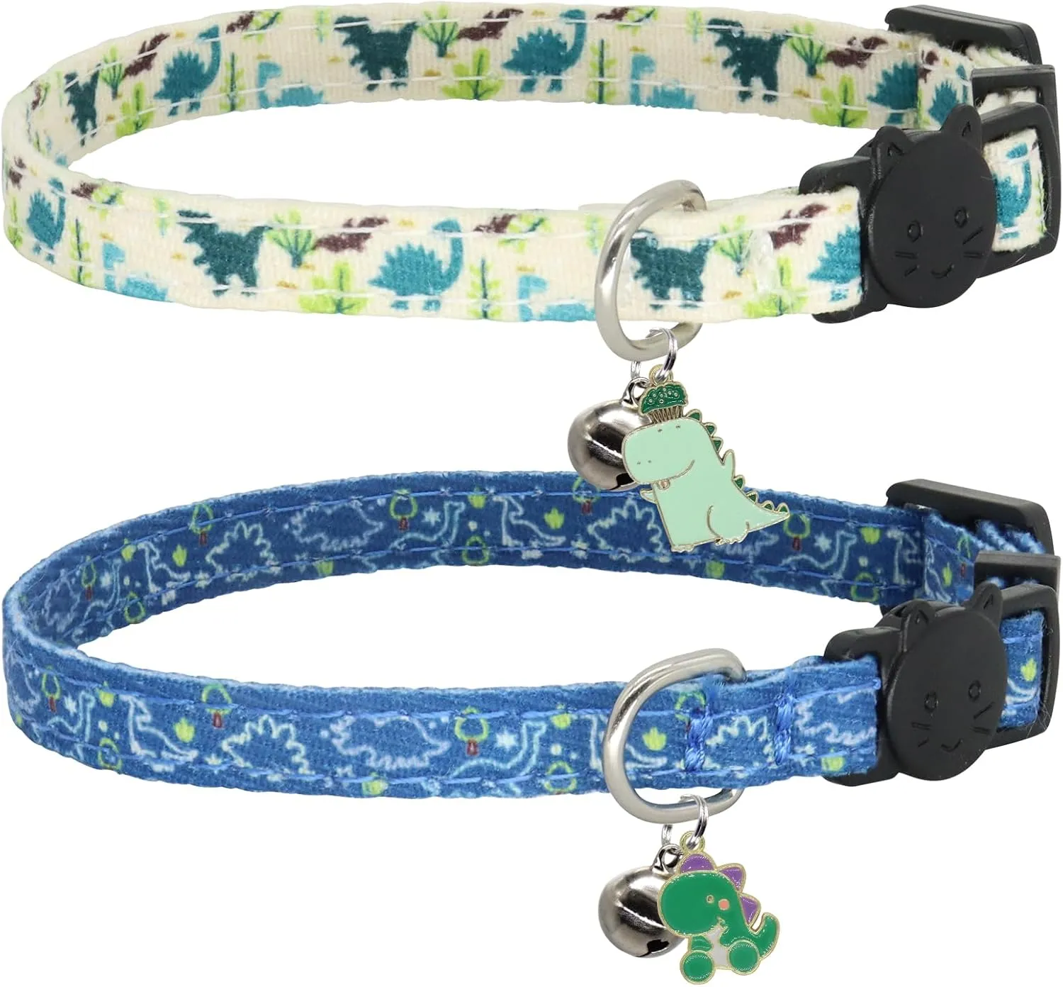 Cotton Cat Collar, 2 Pack Breakaway Cats Collars with Bells, for Girl Boy Kittens, Dinosaur