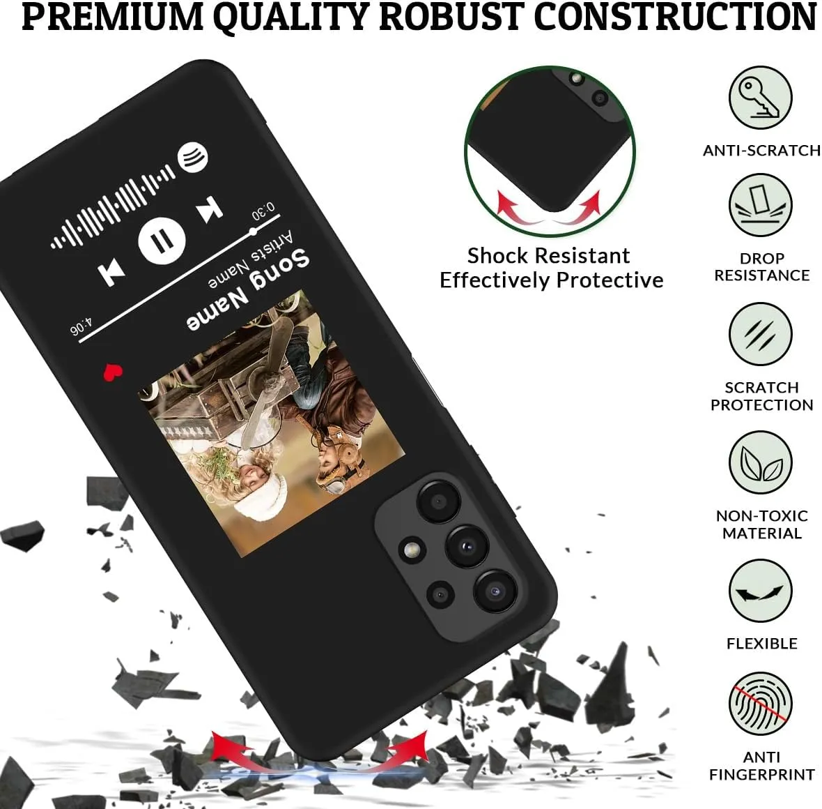 Custom Case Compatible with Gabb Phone 3 Pro, Spotify Code Photo Personalized Customized Music Player Song Plaque Image Text Picture Design Shockproof Black Soft Cover Shell