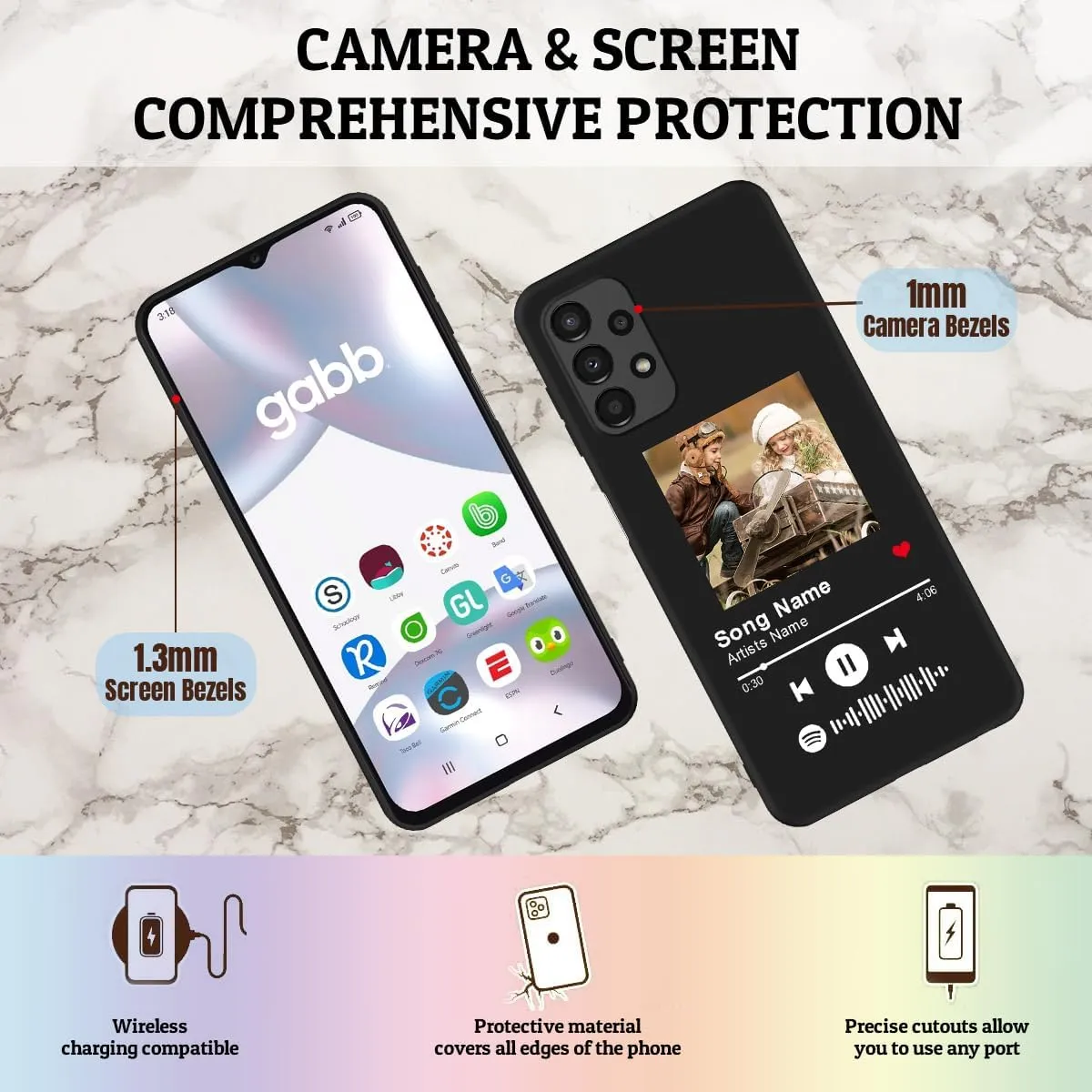 Custom Case Compatible with Gabb Phone 3 Pro, Spotify Code Photo Personalized Customized Music Player Song Plaque Image Text Picture Design Shockproof Black Soft Cover Shell