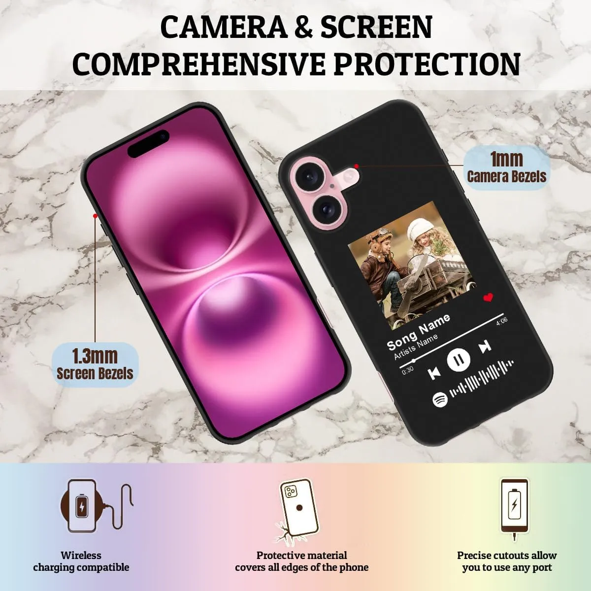 Custom Case for iPhone 16 Spotify Code Photo Personalized Customized Customizable Music Player Song Plaque Image Text Picture Design Shockproof Protective Black Soft Phone Cover Shell