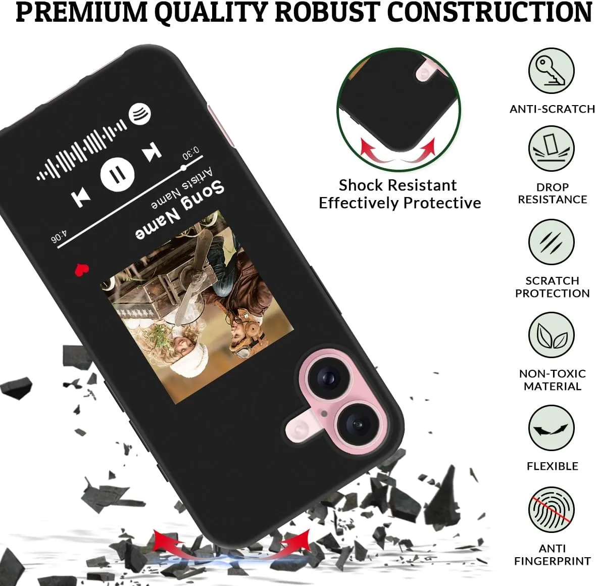 Custom Case for iPhone 16 Spotify Code Photo Personalized Customized Customizable Music Player Song Plaque Image Text Picture Design Shockproof Protective Black Soft Phone Cover Shell