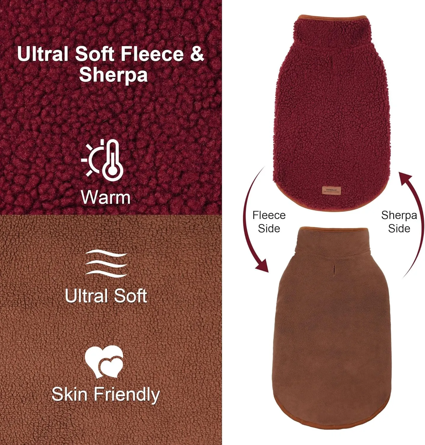 Cyeollo Warm Dog Coat Fleece Sherpa Winter Sweater, Turtleneck Jacket Vest for Small to Large Dogs, Soft Reversible Coats for Cold Weather, Burgundy, XL