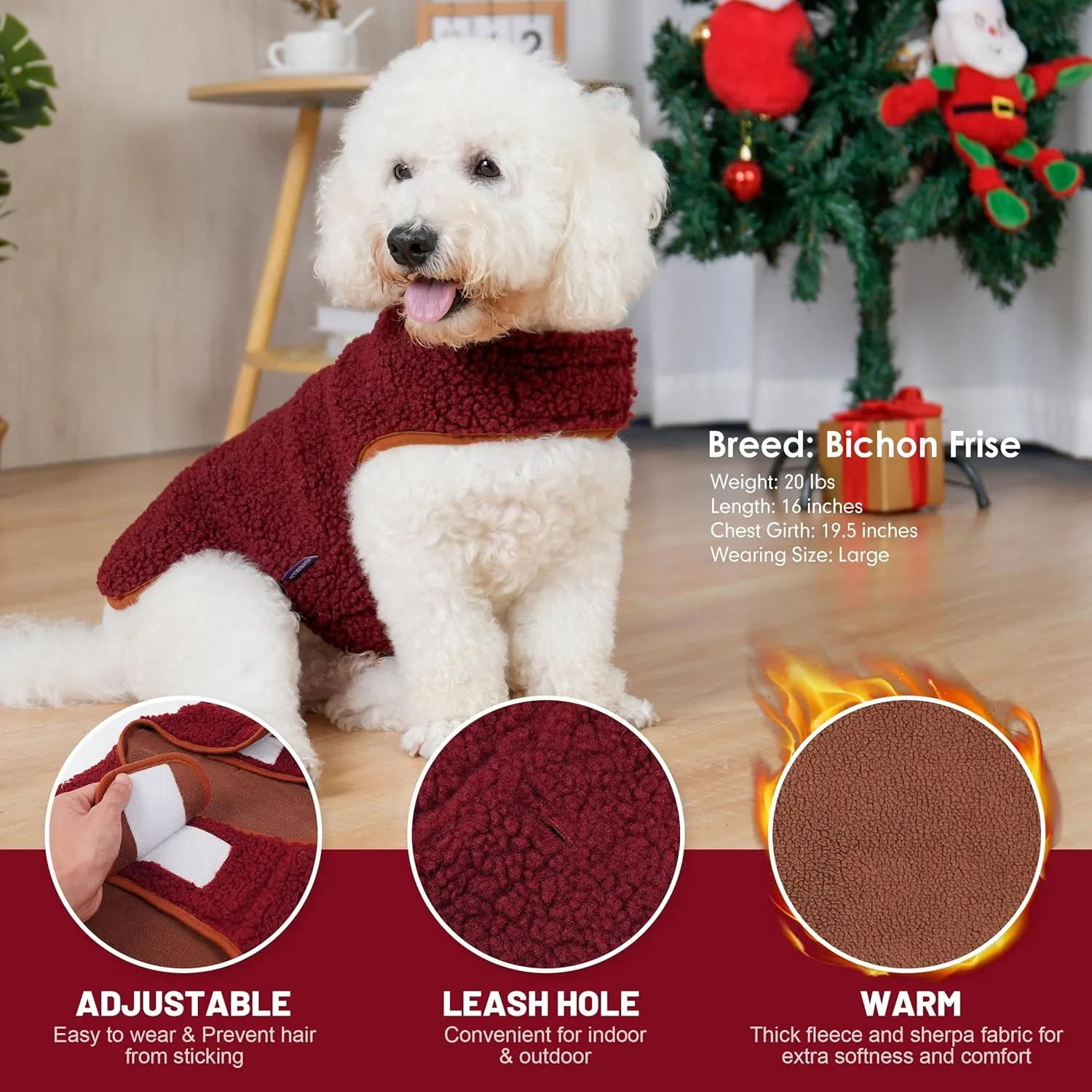 Cyeollo Warm Dog Coat Fleece Sherpa Winter Sweater, Turtleneck Jacket Vest for Small to Large Dogs, Soft Reversible Coats for Cold Weather, Burgundy, XL