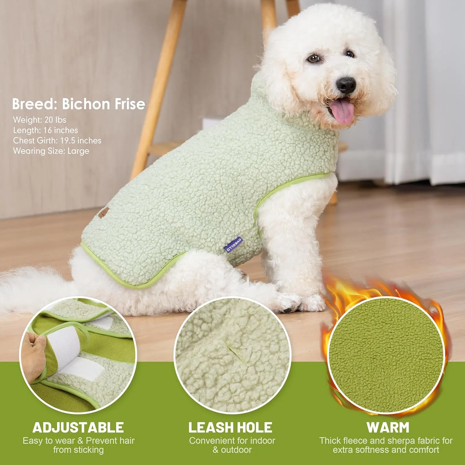 Cyeollo Warm Dog Coat Fleece Sherpa Winter Sweater, Turtleneck Jacket Vest for Small to Large Dogs, Soft Reversible Coats for Cold Weather, Green, XL